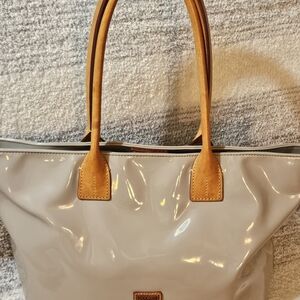 Dooney & Bourke Glossy Gray Tote with Tan Handles